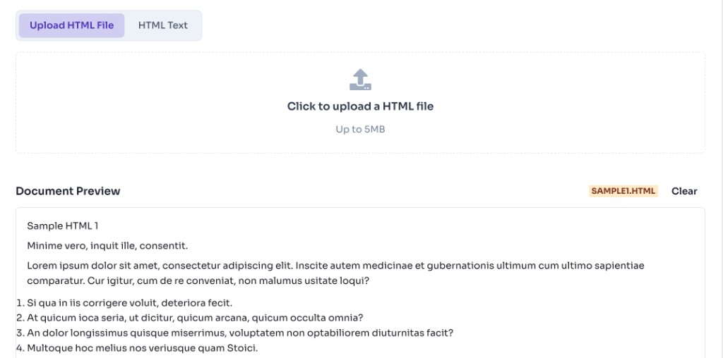 How to Use This HTML to PDF Converter? — Add Your HTML — HTML to PDF Converter Online - upload an HTML file or paste HTML text and preview the document