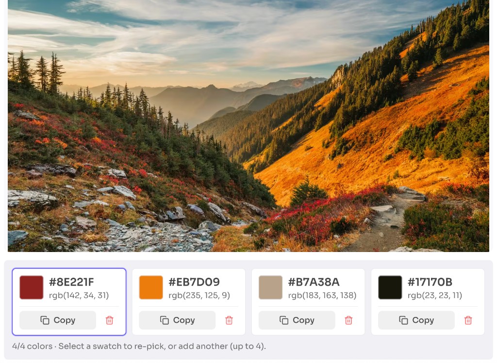 Free Image Color Picker — picked color swatches with HEX and RGB values — frontendgeek