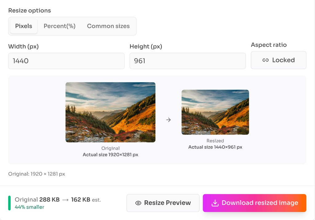 Free Image Resizer Online — Pixels tab with width, height, and original versus resized preview — frontendgeek Free Image Resizer Online — Pixels tab with width, height, and original versus resized preview — frontendgeek