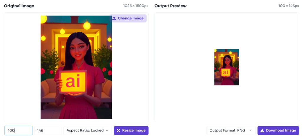 Image resizer showing resized dimensions and output preview side by side