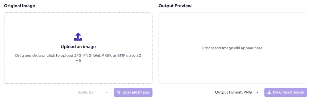 Image upscaler upload area with drag and drop zone