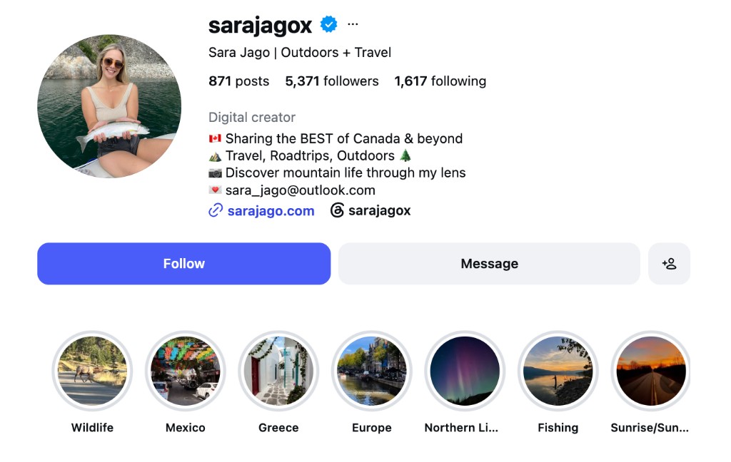 Public Instagram profile Highlights row — open a bubble to copy the Highlight URL
