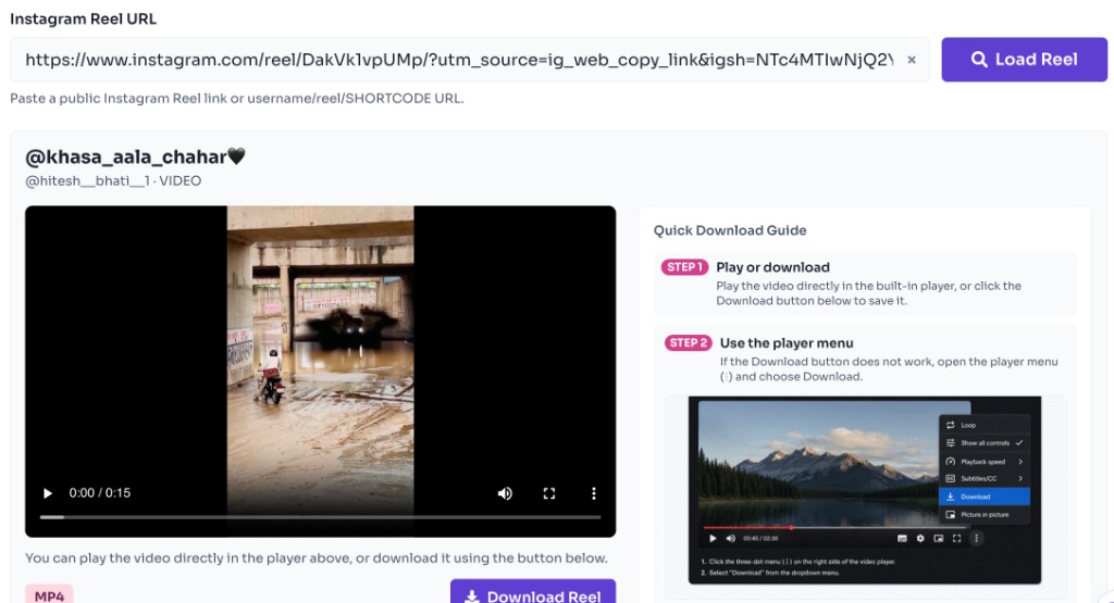 इस Instagram Downloader का उपयोग कैसे करें? — MP4 Download करें — Instagram Reel Downloader - preview the Reel and click Download Reel
