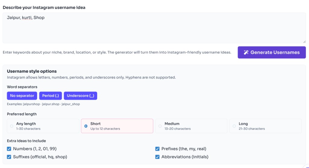 Free Instagram Username Generator — Describe your account — Instagram Username Generator - enter keywords and choose username style options