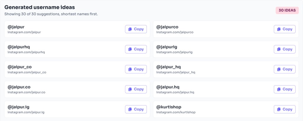 Free Instagram Username Generator — Review the first 20 — Instagram Username Generator - browse generated username ideas and copy your favorites