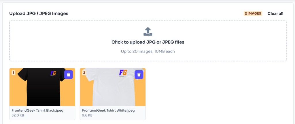 How to Use This JPG to PDF Converter? — Review Your Images — JPG to PDF Converter Online - review uploaded JPG image thumbnails with remove and clear options