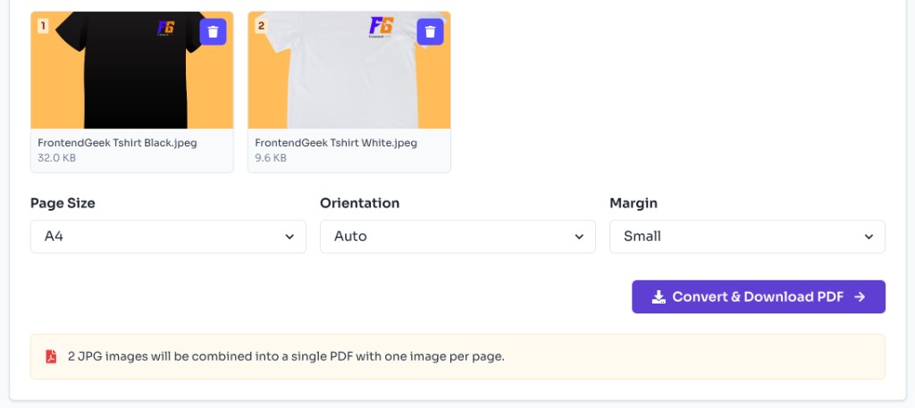 How to Use This JPG to PDF Converter? — Choose PDF Settings — JPG to PDF Converter Online - PDF page size, orientation, margin settings, and download button