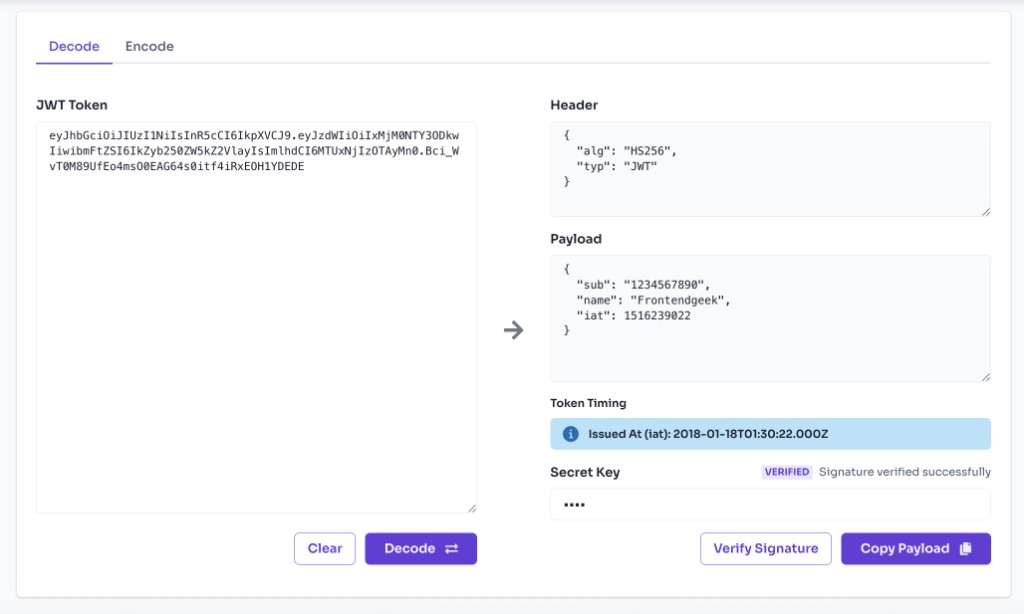 JWT Token Decode Encode Online Free — Inspect Header and Payload — JWT decode tool showing decoded header, payload, token timing, and signature verification