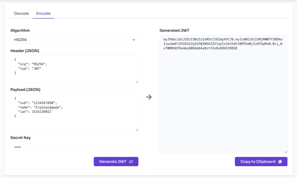 JWT Token Decode Encode Online Free — Encode a New JWT — JWT encode tool showing algorithm, header, payload, secret key inputs and generated JWT output
