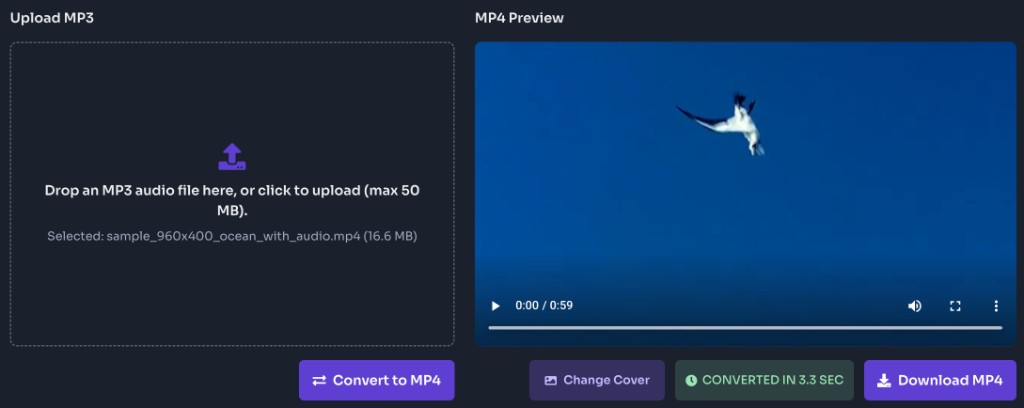 MP3 to MP4 Converter Online Free — Convert and download — MP3 to MP4 converter preview after conversion with Change Cover and Download MP4 buttons MP3 to MP4 Converter Online Free — Convert and download — MP3 to MP4 converter preview after conversion with Change Cover and Download MP4 buttons