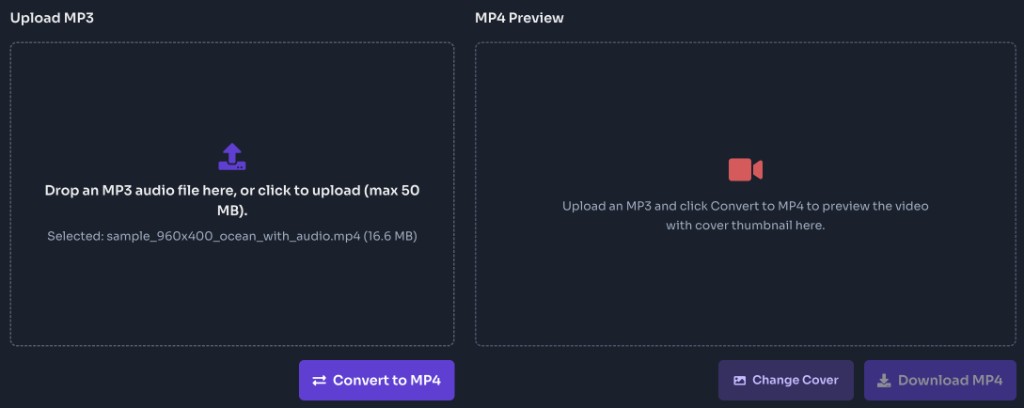 MP3 to MP4 Converter Online Free — Upload your MP3 — MP3 to MP4 converter upload panel with an audio file selected and Convert to MP4 button MP3 to MP4 Converter Online Free — Upload your MP3 — MP3 to MP4 converter upload panel with an audio file selected and Convert to MP4 button