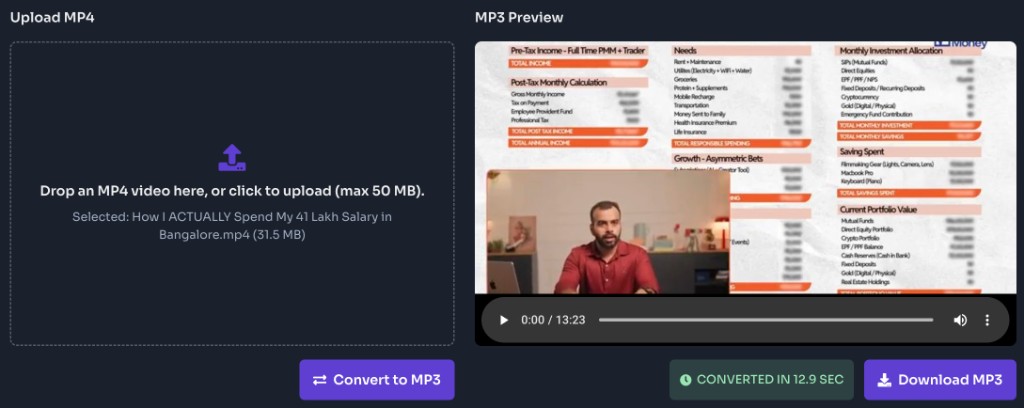 MP4 to MP3 Converter Online Free — Download the MP3 — MP4 to MP3 converter preview after conversion with Download MP3 button and conversion time