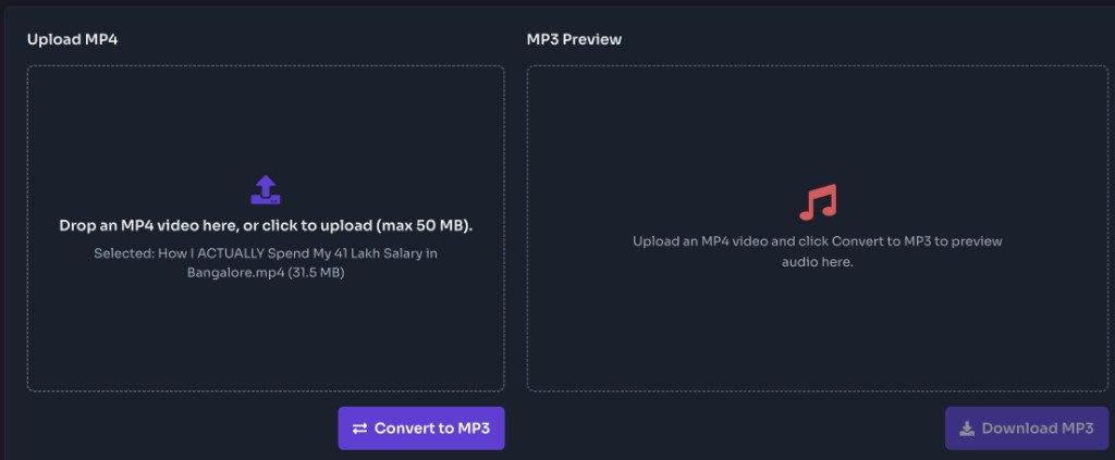 MP4 to MP3 Converter Online Free — Upload the MP4 — MP4 to MP3 converter upload panel with an MP4 file selected and Convert to MP3 button