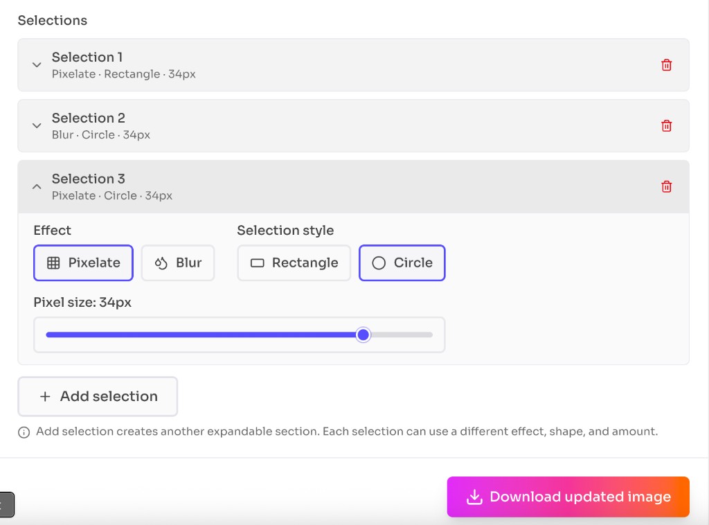 Free Pixelate Image Generator (Blur Image) — configure effect, style, and amount per selection — frontendgeek