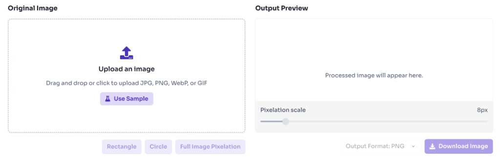 Free Online Pixelate Image Generator — Upload Your Image — Pixelate Image Generator upload area with drag and drop zone and use sample button