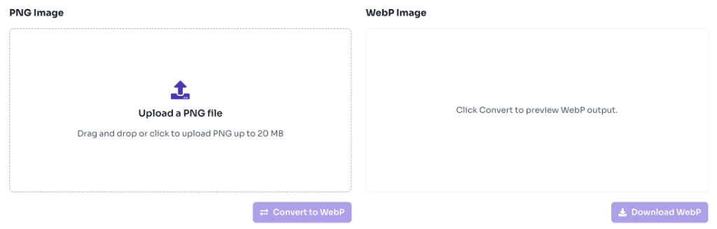 PNG to WebP converter upload area with drag and drop zone