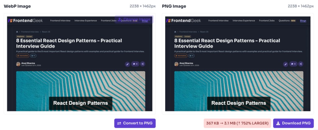 WebP to PNG converter showing converted PNG preview and download button