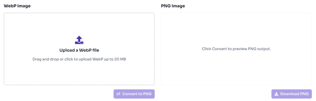 WebP to PNG converter upload area with drag and drop zone