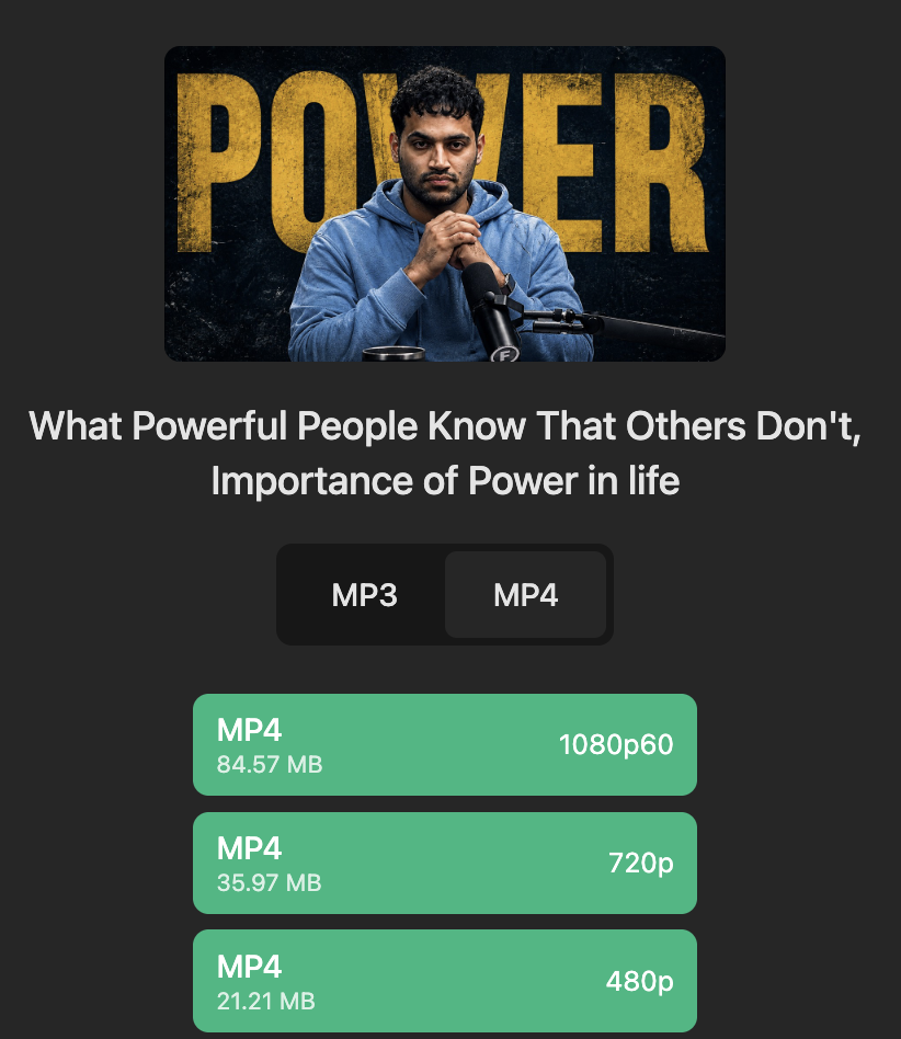 YouTube Video Downloader - select MP4 quality for automatic browser download