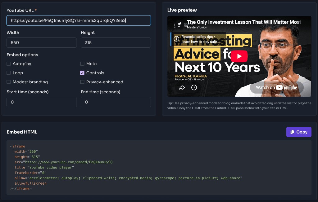 How to use this tool — Copy Embed Code — YouTube Embed Generator - Step 3: Copy Embed Code