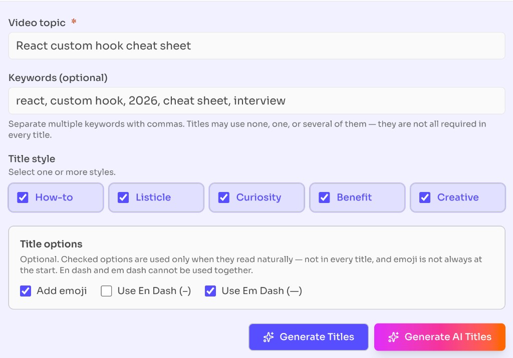 AI YouTube Title Generator Free - enter a video topic, keywords, title styles, and title options AI YouTube Title Generator Free - enter a video topic, keywords, title styles, and title options